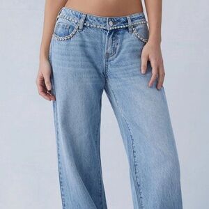 PacSun Light Indigo Rhinestone Low Rise Wide Leg Jeans